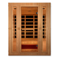 Golden Designs Maxxus Trinity dual tech 3-person low EMF far infrared sauna with wooden interior and control panel.