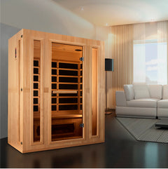 Golden Designs Maxxus Trinity dual tech 3-person low EMF far infrared sauna with glass panels and wooden interior.