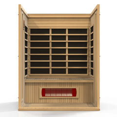 Golden Designs Maxxus Trinity dual tech 3-person low EMF far infrared sauna with wooden interior and control panel.