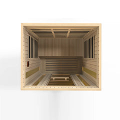 Golden Designs Maxxus Trinity dual tech 3-person low EMF far infrared sauna with wood interior and control panel.