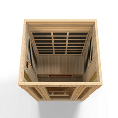 Golden Designs Maxxus Trinity dual tech 3-person low EMF FAR IR sauna with wood interior and control panel, shown in image.