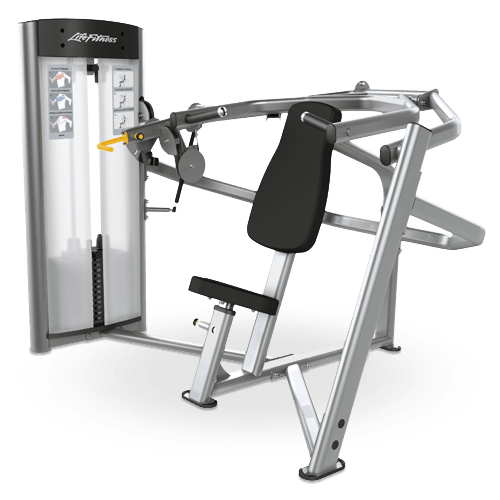 Life Fitness Optima Multi-Press exercise machine by Muscle D Fitness with adjustable weight stacks and padded seating for strength training.