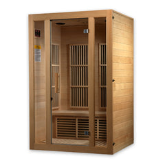 Golden Designs Inc. 2-person low EMF far infrared sauna with wooden interior and glass door for relaxation and health benefits.