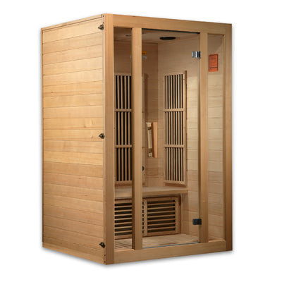 Golden Designs Inc. MX-K206-01 2-person low EMF far infrared sauna with wooden interior and control panel, designed for relaxing wellness.