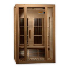 Golden Designs Inc. 2-person low EMF far infrared sauna with glass doors and wooden interior for relaxing heat therapy.