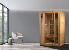 Golden Designs Inc. MX-K206-01 2-person low EMF far infrared sauna with wooden interior and glass door.