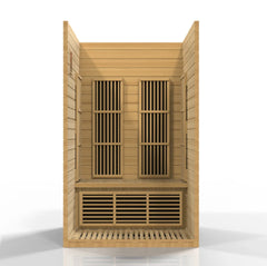 Golden Designs Maxxus "Seattle" 2-person near zero EMF FAR IR sauna with wooden interior and glass door, designed for relaxation.