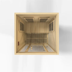 Maxxus Seattle 2-person near zero EMF far infrared sauna by Golden Designs Inc. with wooden interior and control panel.