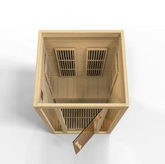 Golden Designs MX-J206-01 Seattle two-person near zero EMF far infrared sauna with glass door and wooden interior.