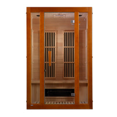 Golden Designs Maxxus Aspen dual tech 2-person low EMF FAR IR sauna with wooden interior and glass door.