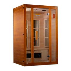 Golden Designs Maxxus Aspen dual tech 2-person low EMF far infrared sauna with wooden interior and digital control panel.