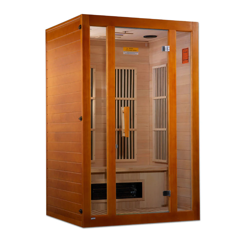 Golden Designs Maxxus Aspen dual tech 2-person low EMF far infrared sauna with wooden interior and digital control panel.