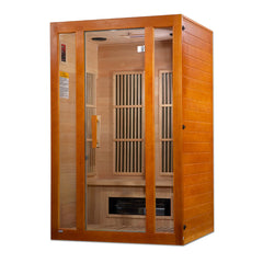 Golden Designs Maxxus Aspen Dual Tech 2-person infrared sauna with low EMF FAR IR therapy, shown with wooden interior panels.