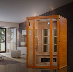 Golden Designs Maxxus Aspen dual tech 2-person low EMF far infrared sauna with wooden interior and control panel.