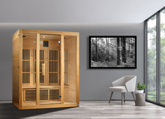 Golden Designs Inc. 2-person low EMF FAR IR sauna with wooden interior and glass door, designed for home relaxation and wellness.