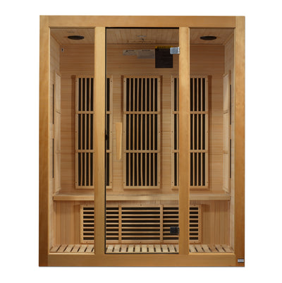 Golden Designs Inc. MX-K206-01 2-person low EMF far infrared sauna with wooden interior and glass door.