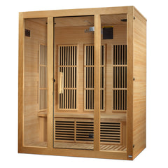 Golden Designs Inc. 2-person low EMF FAR IR sauna with wood interior and control panel, designed for home wellness.