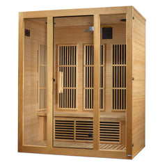 Golden Designs Maxxus Bellevue 3-person near zero EMF far infrared sauna with glass door and wooden interior, ideal for relaxation and wellness.
