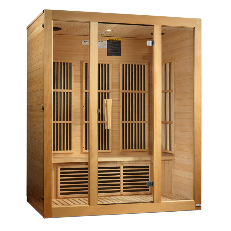 Golden Designs Maxxus Bellevue 3-person near zero EMF far infrared sauna with wooden interior and control panel.