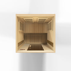 Two-person low EMF FAR IR sauna by Golden Designs Inc., with wooden interior and glass door, model MX-K206-01.