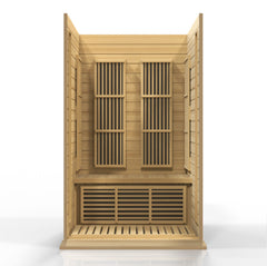 Golden Designs Inc. MX-K206-01 2-person low EMF far infrared sauna showing the wooden interior and control panel.