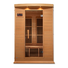 Golden Designs Inc. MX-K206-01 2-person low EMF far infrared sauna with wooden interior and glass door, shown in the image.