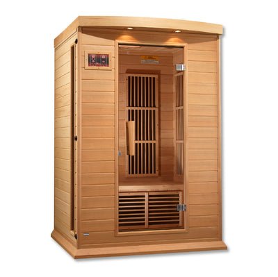 Golden Designs Inc. 2-person low EMF FAR IR sauna with wooden interior and control panel in a modern home setting