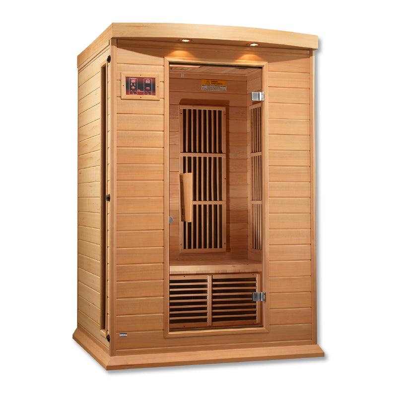 Golden Designs Inc. 2-person low EMF FAR IR sauna with wooden interior and control panel in a modern home setting
