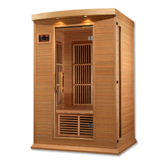 Golden Designs Inc. 2-person low EMF far infrared sauna with wooden interior and control panel, designed for home relaxation.