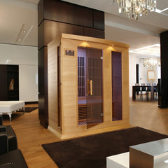 Golden Designs Inc. MX-K306-01 3-person low EMF far infrared sauna with wooden interior and bench seating.