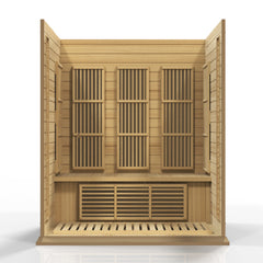 Golden Designs Inc. MX-K306-01 3-person low EMF far infrared sauna with wooden interior and glass door, designed for home wellness.