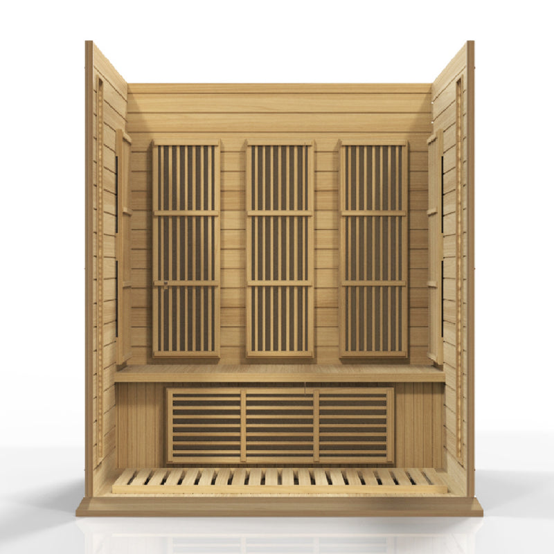 Golden Designs Inc. MX-K306-01 3-person low EMF far infrared sauna with wooden interior and glass door, designed for home wellness.