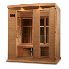 Golden Designs Inc. 3-person low EMF far infrared sauna with wooden interior and control panel, designed for relaxation and wellness.