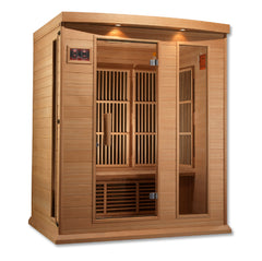 Golden Designs Inc. 3-person low EMF far infrared sauna with wooden interior and seating, model MX-K306-01, 3x3.6 feet