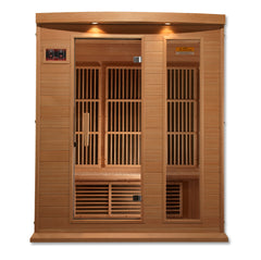 Golden Designs Inc. 3-person low EMF far infrared sauna with wooden interior and glass door for relaxing wellness sessions.
