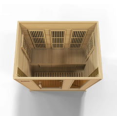 Golden Designs Maxxus Near Zero EMF FAR Infrared Sauna made of Canadian Hemlock with glass door and interior seating.