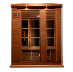 Golden Designs Maxxus Avignon 3-person corner sauna with red cedar interior, near-zero EMF and far infrared heating panels.