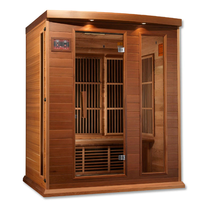 Golden Designs Maxxus 3-person cedar infrared sauna with red cedar wood and low EMF FAR IR heating system.