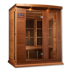 Golden Designs Maxxus 2-person full spectrum IR sauna with red cedar interior, showcasing the spacious sauna with wood paneling.