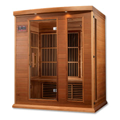 Golden Designs Maxxus S-Line 2-person full spectrum infrared sauna with red cedar interior and glass door.