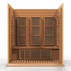 Golden Designs Maxxus Chaumont 4-person near zero EMF FAR IR sauna with red cedar interior and spacious 3x3 foot design.