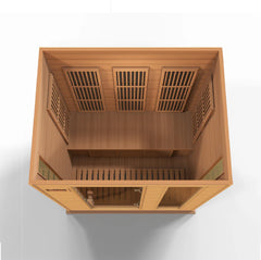 Golden Designs Maxxus Montilemar 3-person cedar near-zero EMF far infrared sauna with glass door and wooden interior.