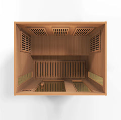 Golden Designs Elite Maxxus 3-person full spectrum infrared sauna with red cedar interior and glass door in a modern design