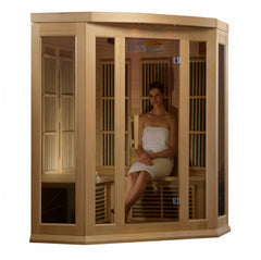 Golden Designs Inc. 3-person low EMF FAR IR sauna with wooden interior and glass door, designed for home relaxation and wellness.