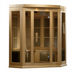 Golden Designs Inc. 3-person low EMF FAR IR sauna with wooden interior and glass door, designed for home relaxation.