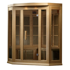 Golden Designs Inc. 3-person low EMF FAR IR sauna with wooden interior and glass door, designed for relaxing infrared therapy sessions.