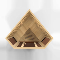 Golden Designs Inc. 3-person low EMF FAR IR sauna with wooden interior and seating, designed for relaxing infrared therapy.