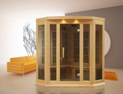 Golden Designs Inc. MX-K356-01 3-person low EMF far infrared sauna with wooden interior and glass door.