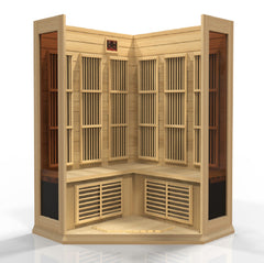 Golden Designs Inc. MX-K356-01 3-person low EMF FAR IR sauna with wooden interior and glass front panel.