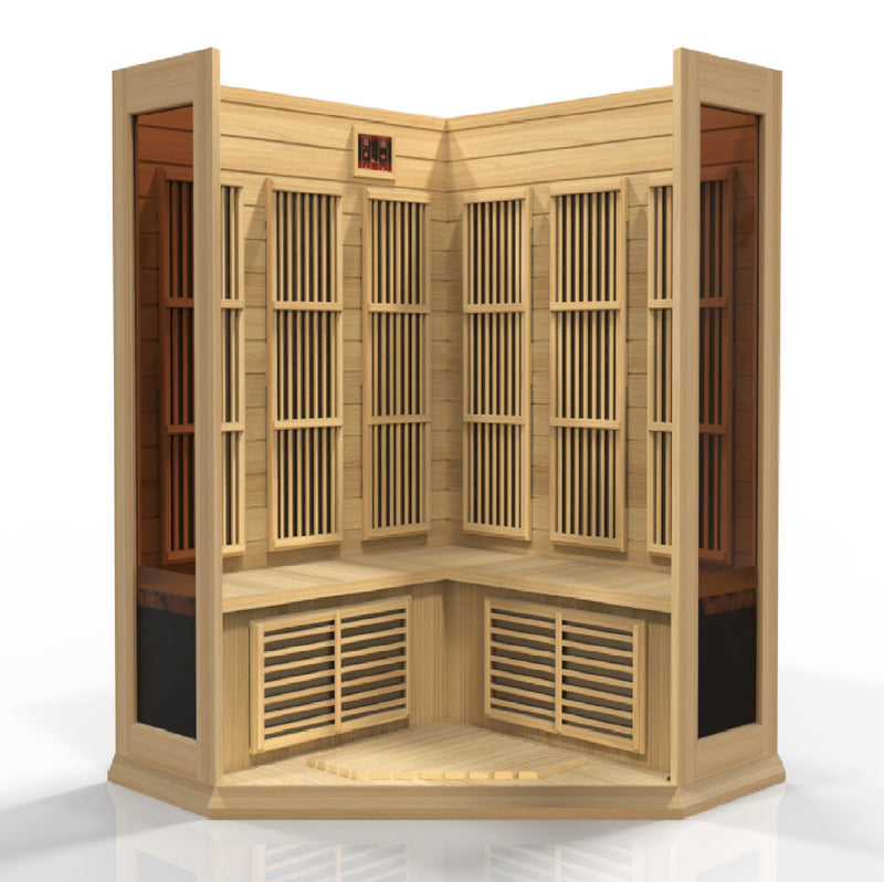 Golden Designs Inc. MX-K356-01 3-person low EMF FAR IR sauna with wooden interior and glass front panel.
